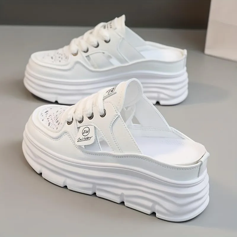 Comfortable Breathable Women's Mule Sneakers, Casual Cutout Design Lace Up Summer Shoes