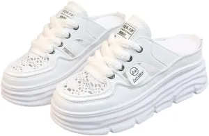 Comfortable Breathable Women's Mule Sneakers, Casual Cutout Design Lace Up Summer Shoes