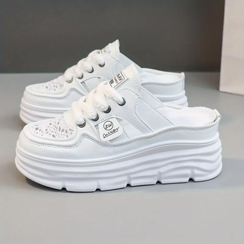 Comfortable Breathable Women's Mule Sneakers, Casual Cutout Design Lace Up Summer Shoes