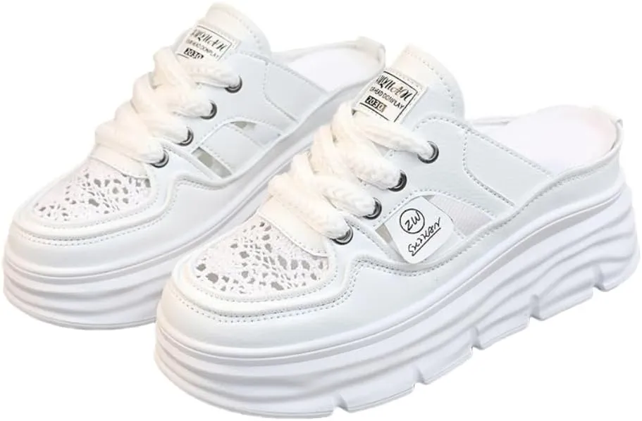 Comfortable Breathable Women's Mule Sneakers, Casual Cutout Design Lace Up Summer Shoes