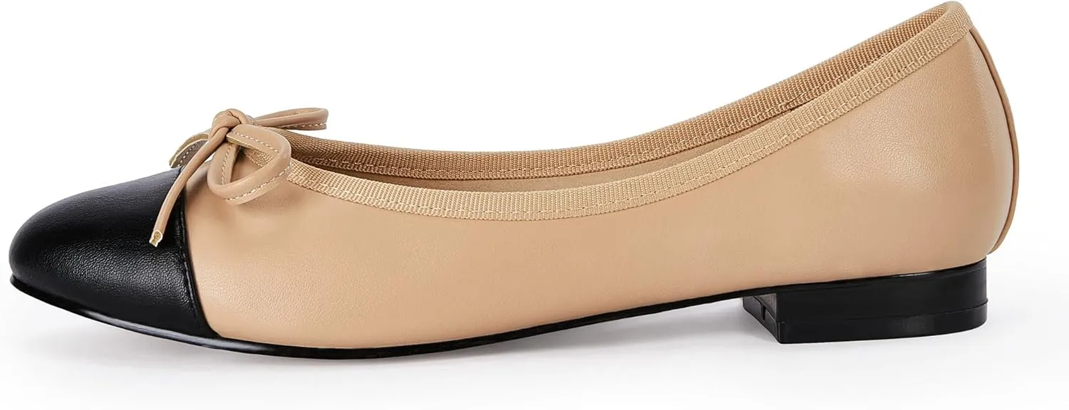 Coutgo Womens Cap Toe Ballet Flats Bow Pointed Toe Slip On Office Work Comfort Dress Party Flat Shoes