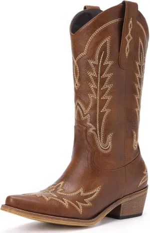 Cowboy Boots for Women - Cowgirl Boots with Embroidery, Chunky Heel Pointed Toe Pull-on Vintage Western Mid Calf Fashion Boots for Ladies