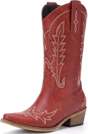 Cowboy Boots for Women - Cowgirl Boots with Embroidery, Chunky Heel Pointed Toe Pull-on Vintage Western Mid Calf Fashion Boots for Ladies