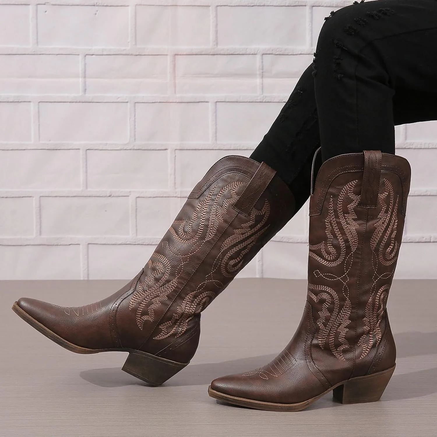 Cowboy Boots for Women Cowgirl Mid Calf Western Boots Embroidered Stitched Pointed Toe Chunky Block Heel Brown Red Black US5-11