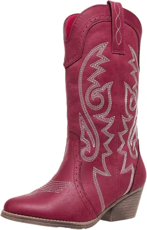 Cowboy Boots for Women Cowgirl Mid Calf Western Pointy Toe Boots Embroidered Stitched Chunky Heel Red Brown US5-11