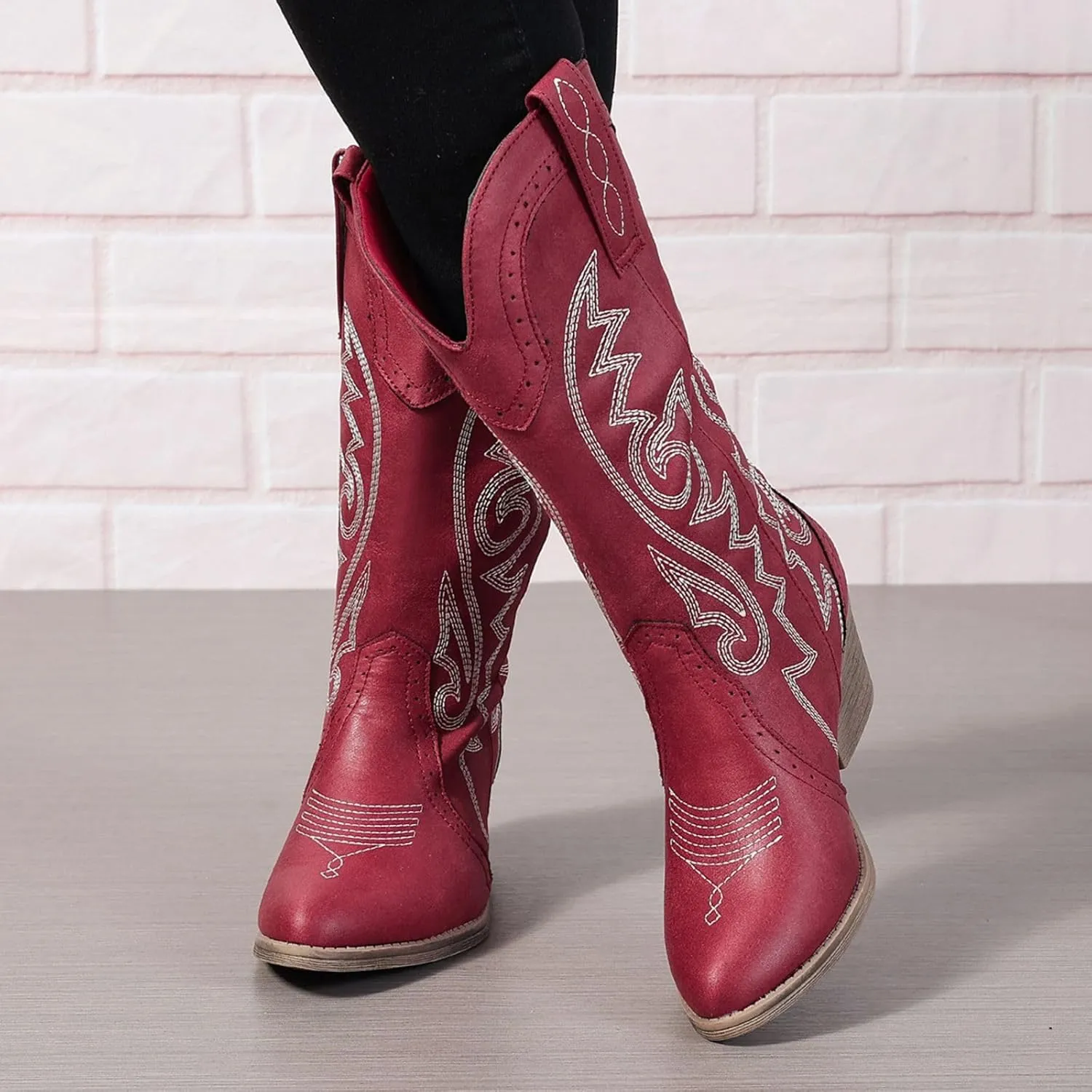 Cowboy Boots for Women Cowgirl Mid Calf Western Pointy Toe Boots Embroidered Stitched Chunky Heel Red Brown US5-11