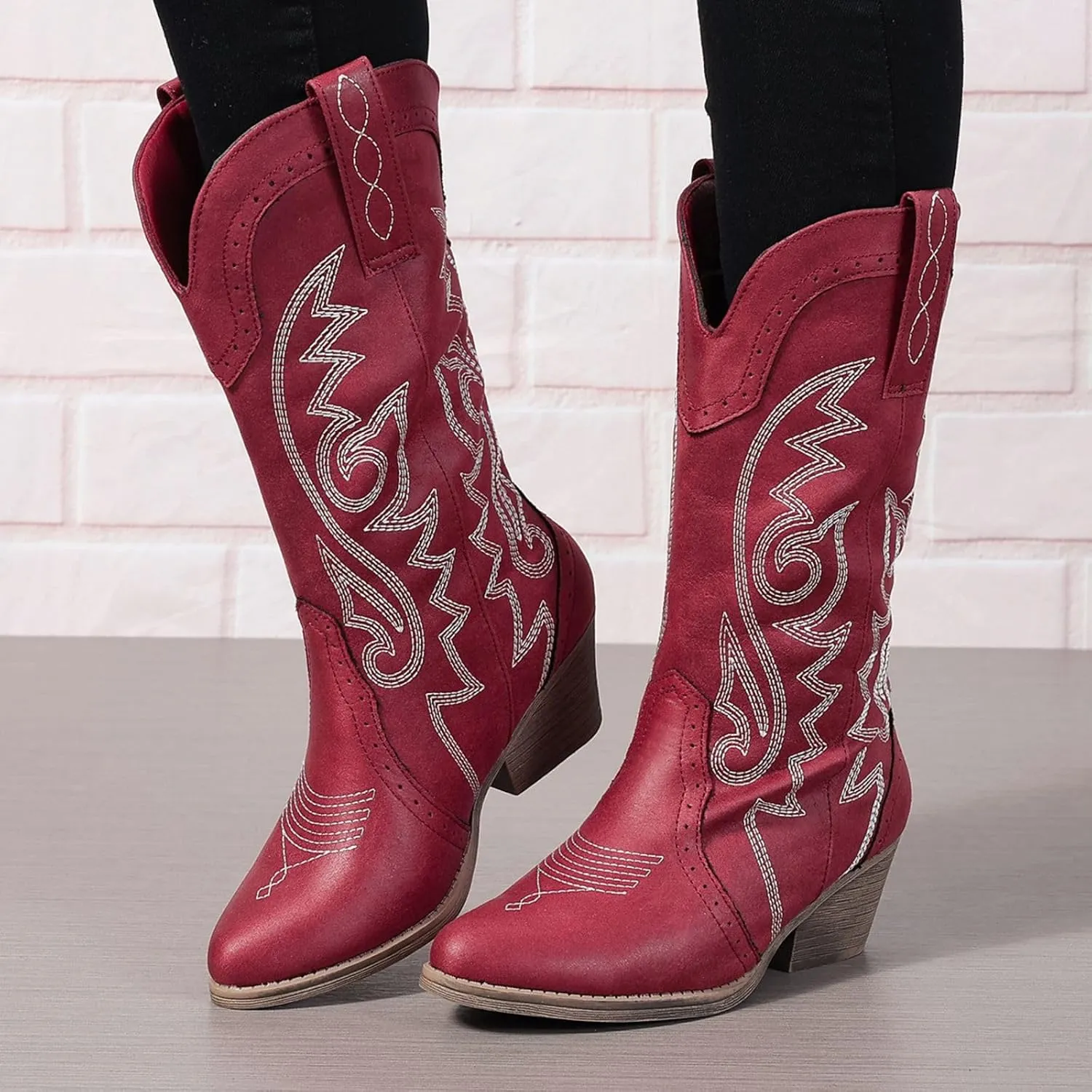 Cowboy Boots for Women Cowgirl Mid Calf Western Pointy Toe Boots Embroidered Stitched Chunky Heel Red Brown US5-11