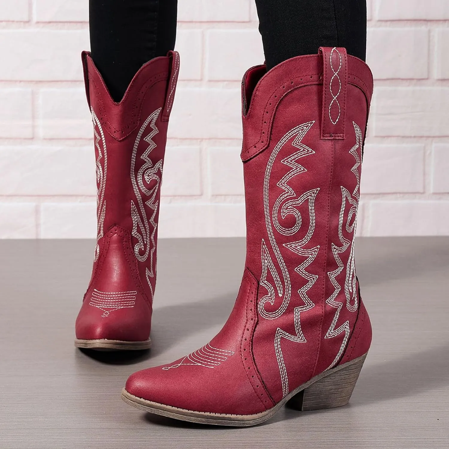 Cowboy Boots for Women Cowgirl Mid Calf Western Pointy Toe Boots Embroidered Stitched Chunky Heel Red Brown US5-11