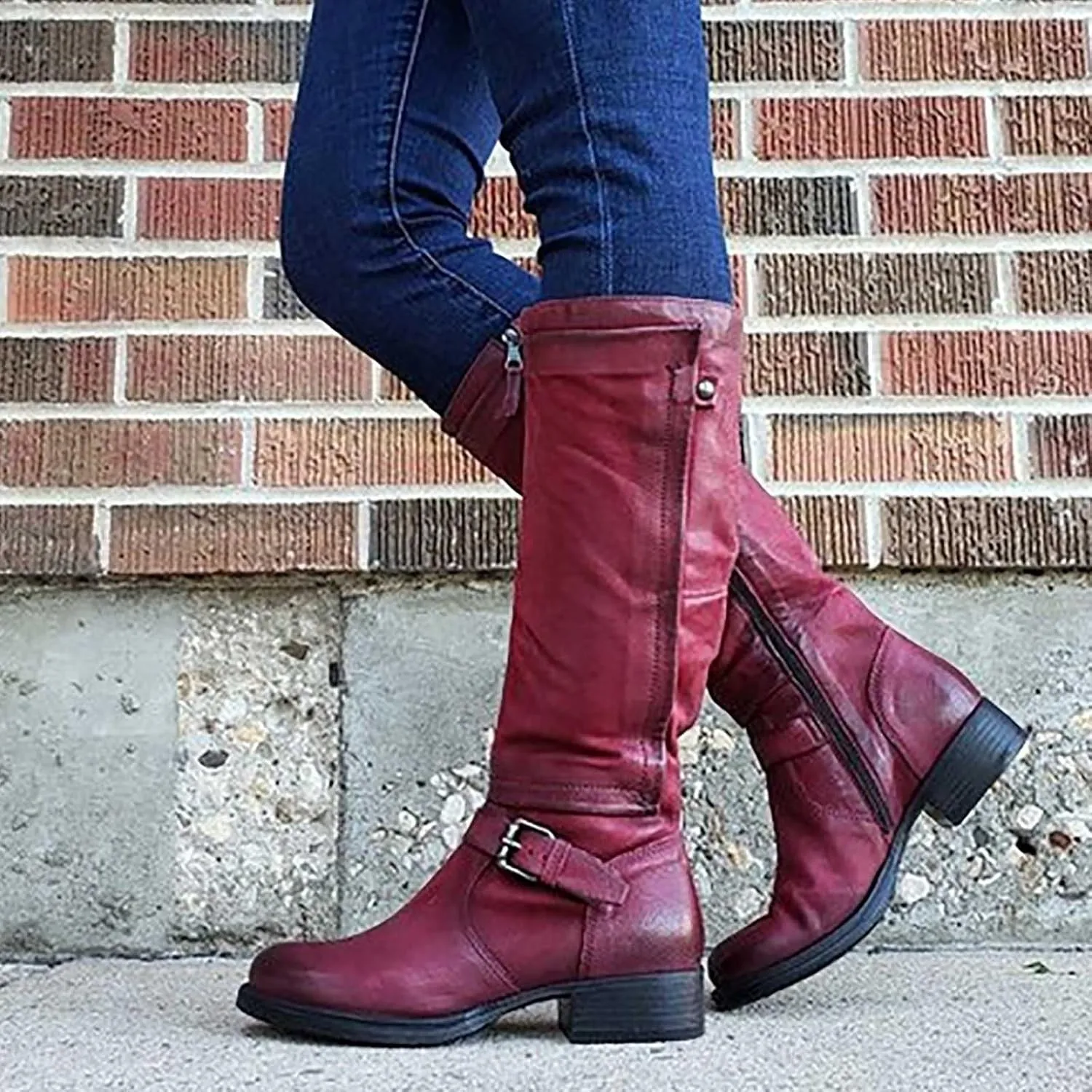 Ctreela Slouch Riding Boots Vintage Side Zipper Motorcycle Boots Winter Retro Round Toe Combat Boots Knee High Work Booties