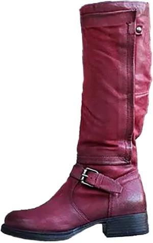 Ctreela Slouch Riding Boots Vintage Side Zipper Motorcycle Boots Winter Retro Round Toe Combat Boots Knee High Work Booties