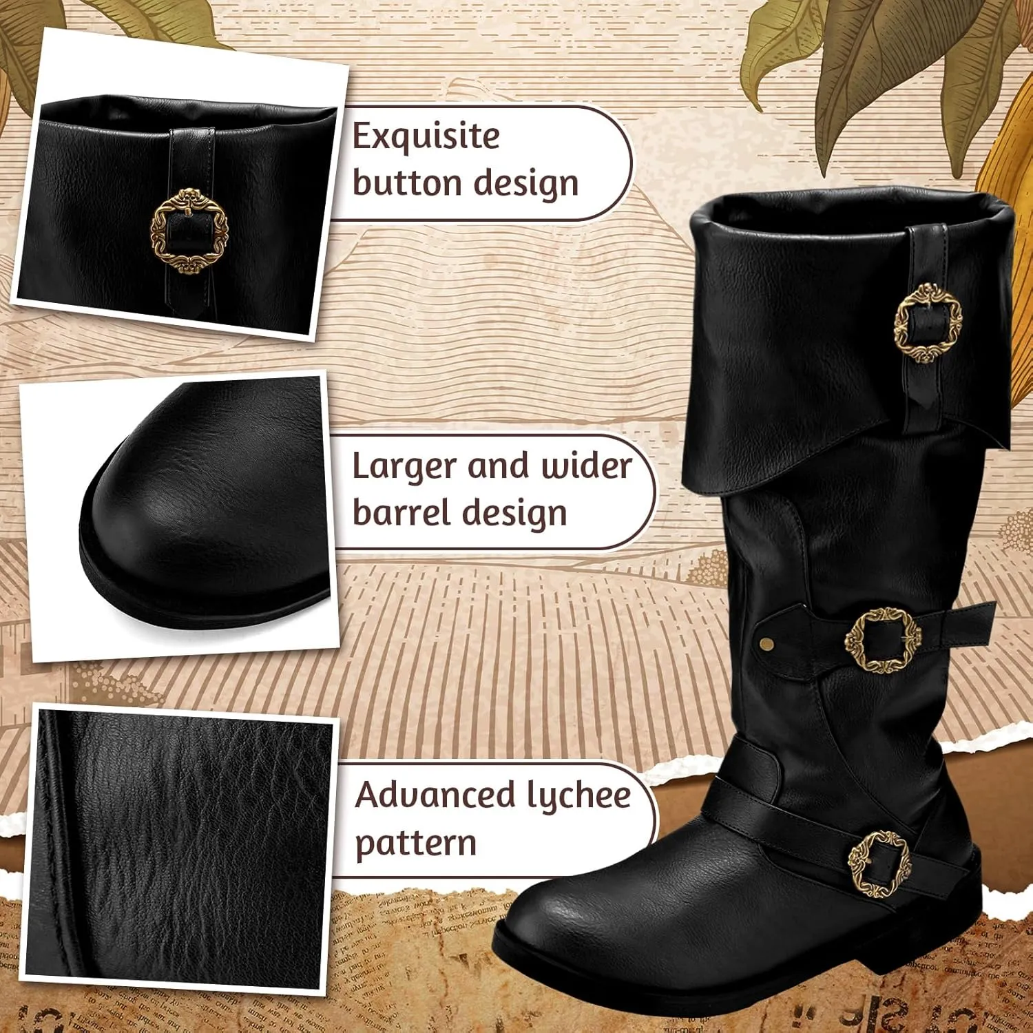 Cuffbow Pirate Costume Boots for Men Medieval Renaissance Steampunk Cosplay Boots Halloween Gothic Button Leather Shoes