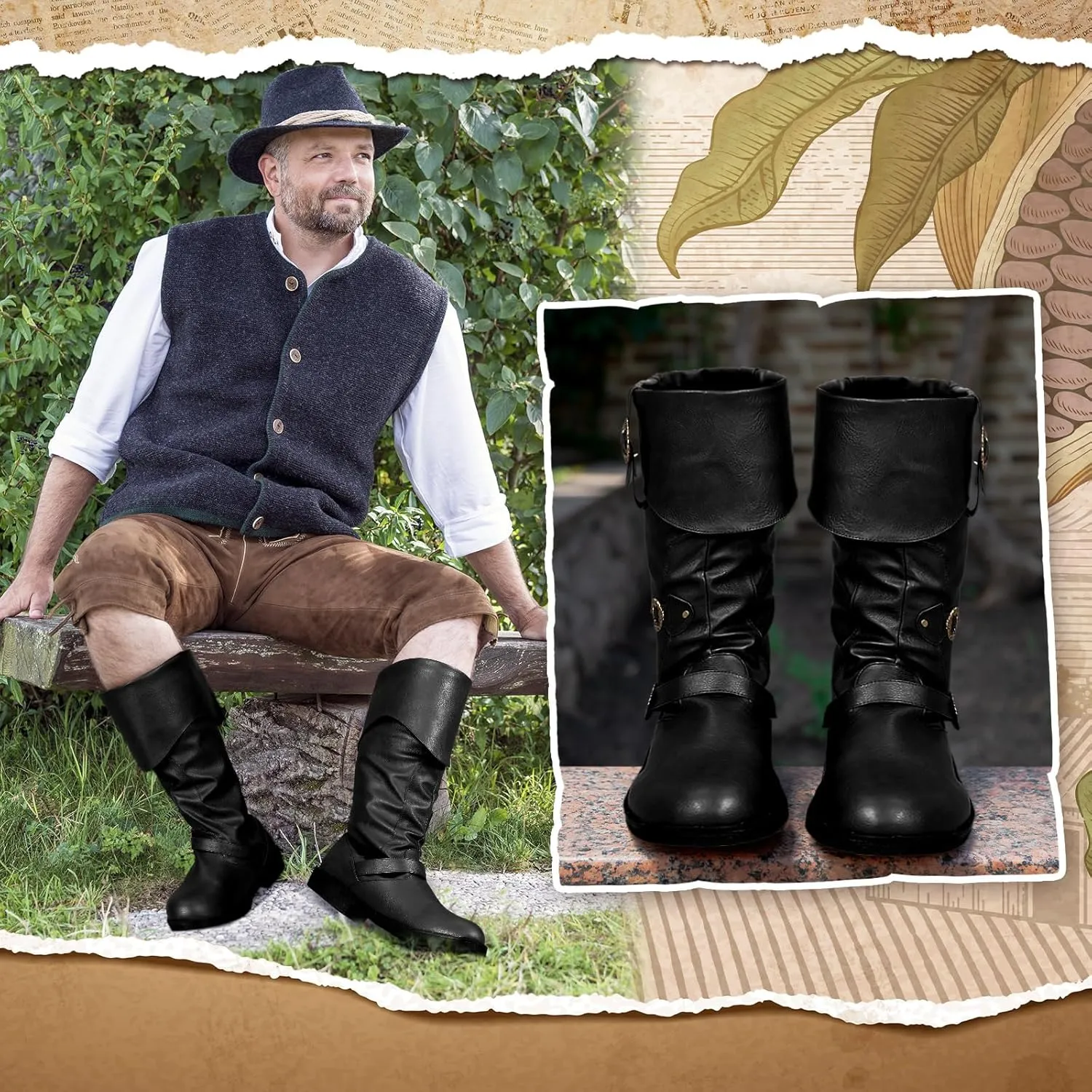 Cuffbow Pirate Costume Boots for Men Medieval Renaissance Steampunk Cosplay Boots Halloween Gothic Button Leather Shoes
