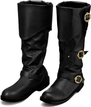 Cuffbow Pirate Costume Boots for Men Medieval Renaissance Steampunk Cosplay Boots Halloween Gothic Button Leather Shoes