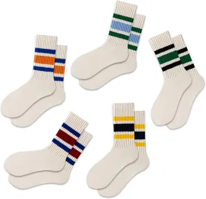 DarkCom Retro Striped Crew Socks 5 Pairs with Seamless Toe for Men and Women, Slouch Scrunch Casual Comfort