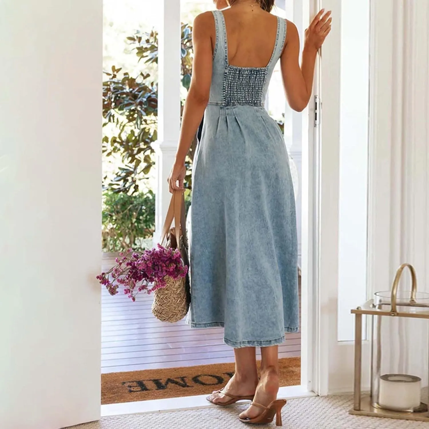 Denim Dress Jean Blue Summer 2025 Trendy Casual Chambray Sleeveless Button Up Bodycon Maxi