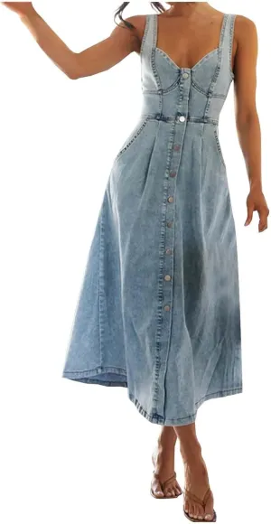 Denim Dress Jean Blue Summer 2025 Trendy Casual Chambray Sleeveless Button Up Bodycon Maxi