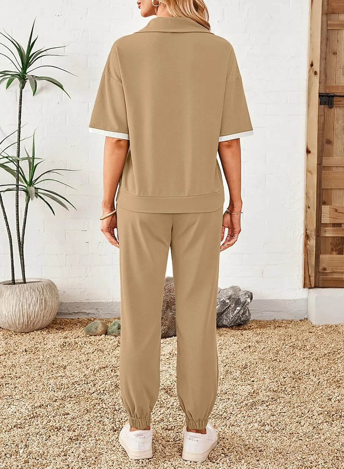Dokotoo 2 Piece Sets for Women Summer Lapel V Neck Short Sleeve Tops Long Pants Tracksuit Lounge Jogger Set with Pockets