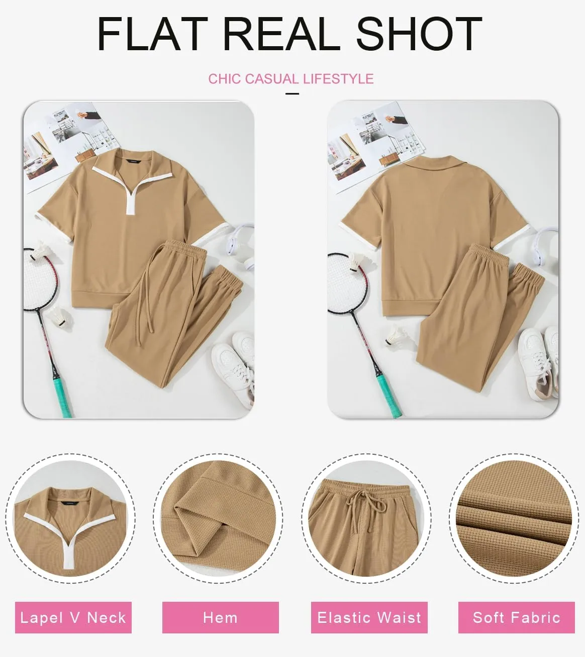 Dokotoo 2 Piece Sets for Women Summer Lapel V Neck Short Sleeve Tops Long Pants Tracksuit Lounge Jogger Set with Pockets