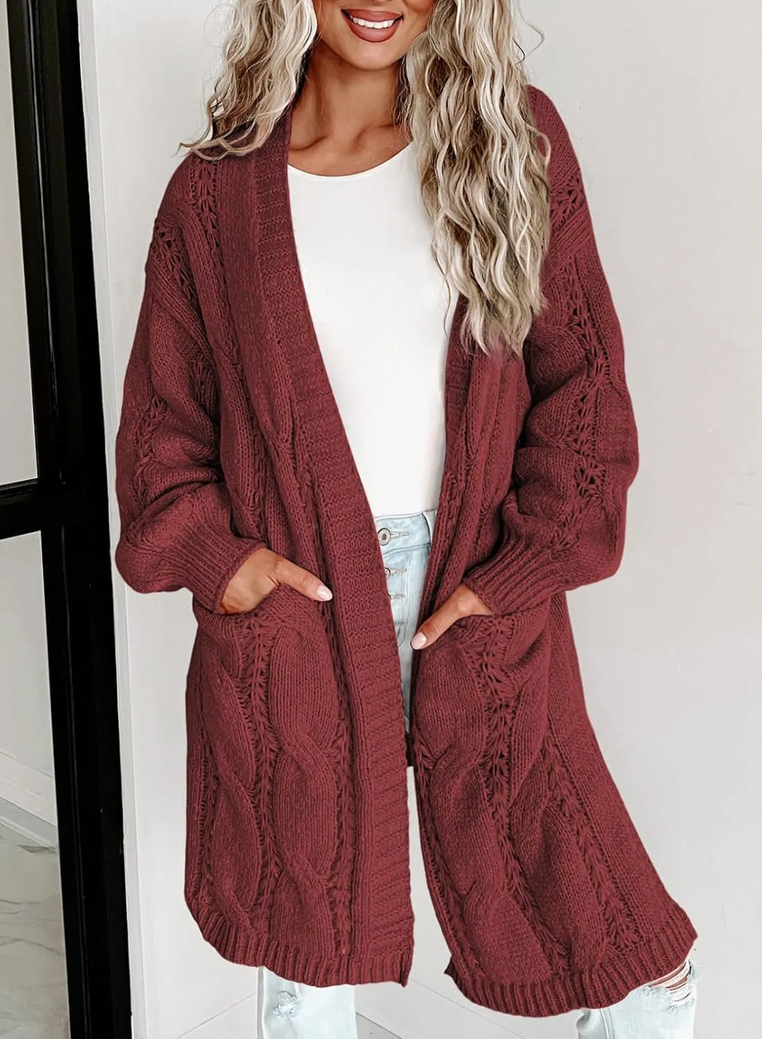 Dokotoo Long Cardigans for Women Open Front Long Sleeves Lightweight Fall Sweaters with Pockets