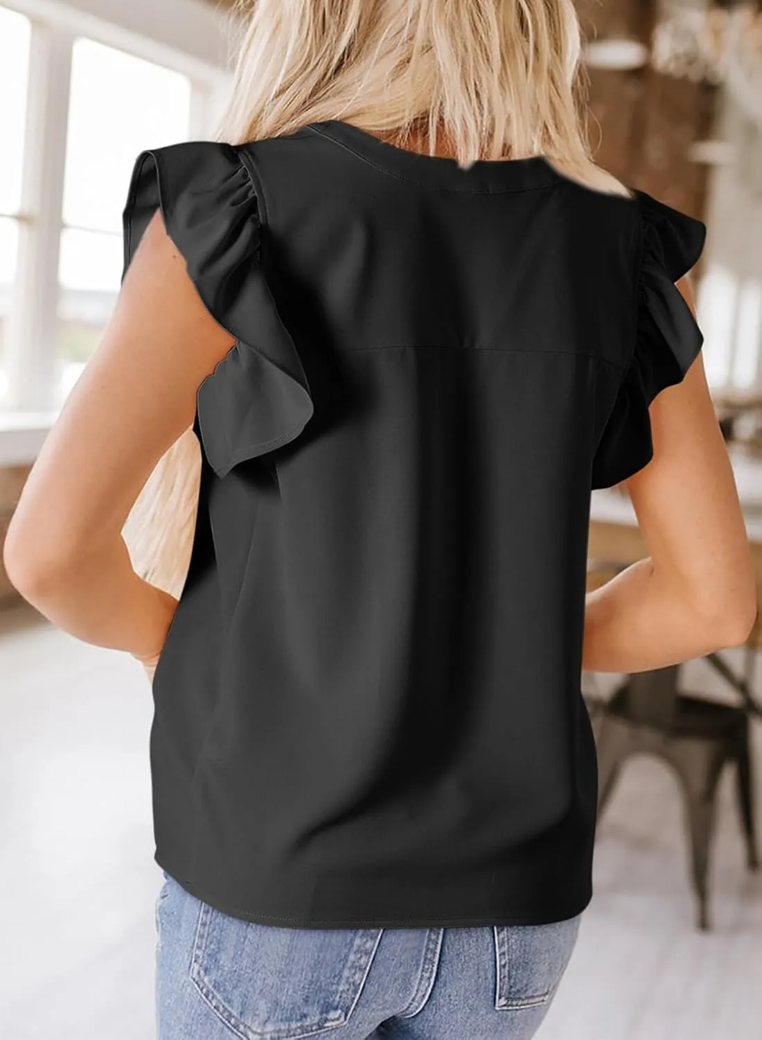 Dokotoo Womens Summer Tops Dressy Casual V Neck Ruffle Short Sleeve Solid Blouses Tops
