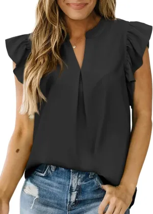 Dokotoo Womens Summer Tops Dressy Casual V Neck Ruffle Short Sleeve Solid Blouses Tops