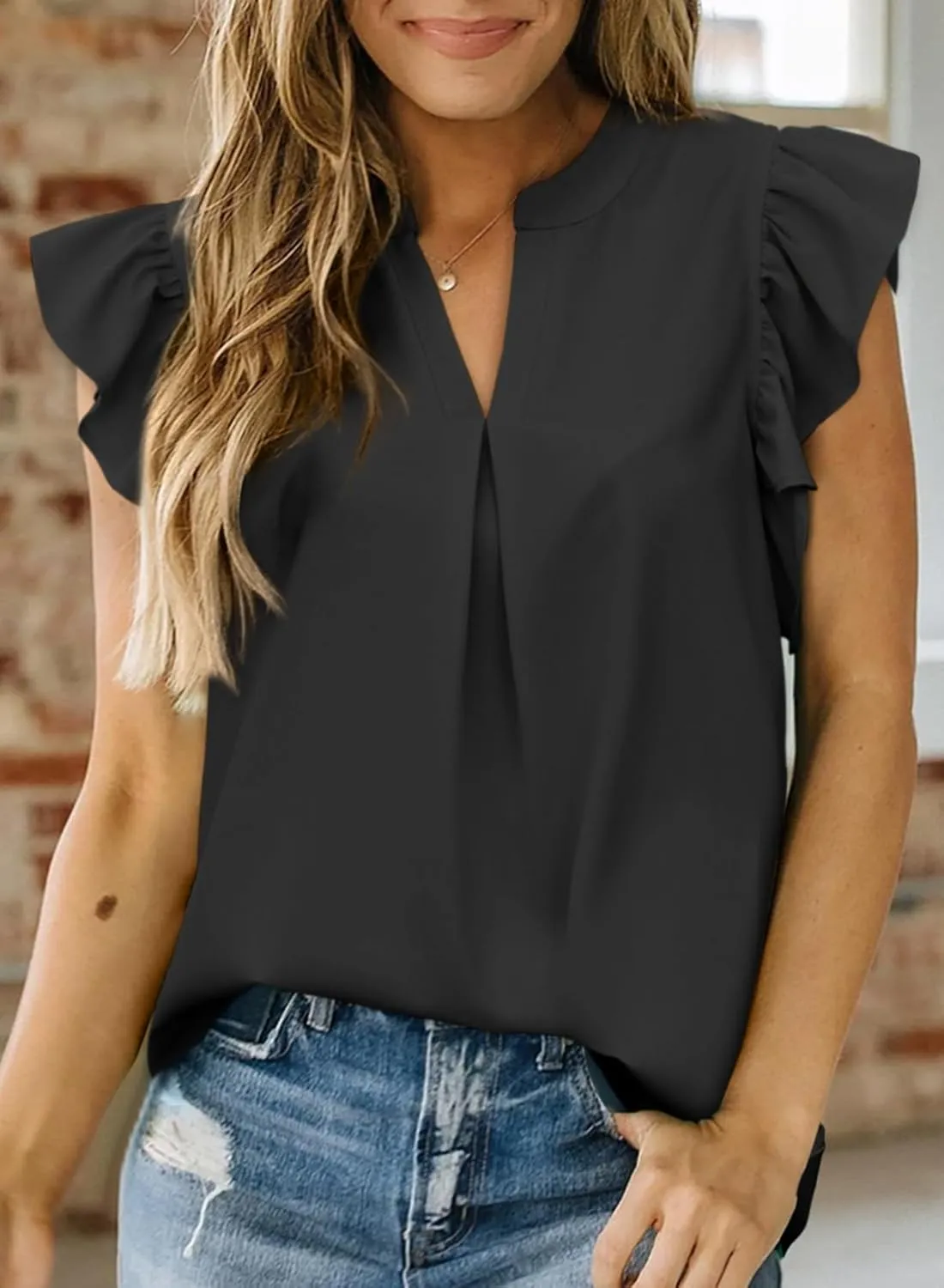 Dokotoo Womens Summer Tops Dressy Casual V Neck Ruffle Short Sleeve Solid Blouses Tops