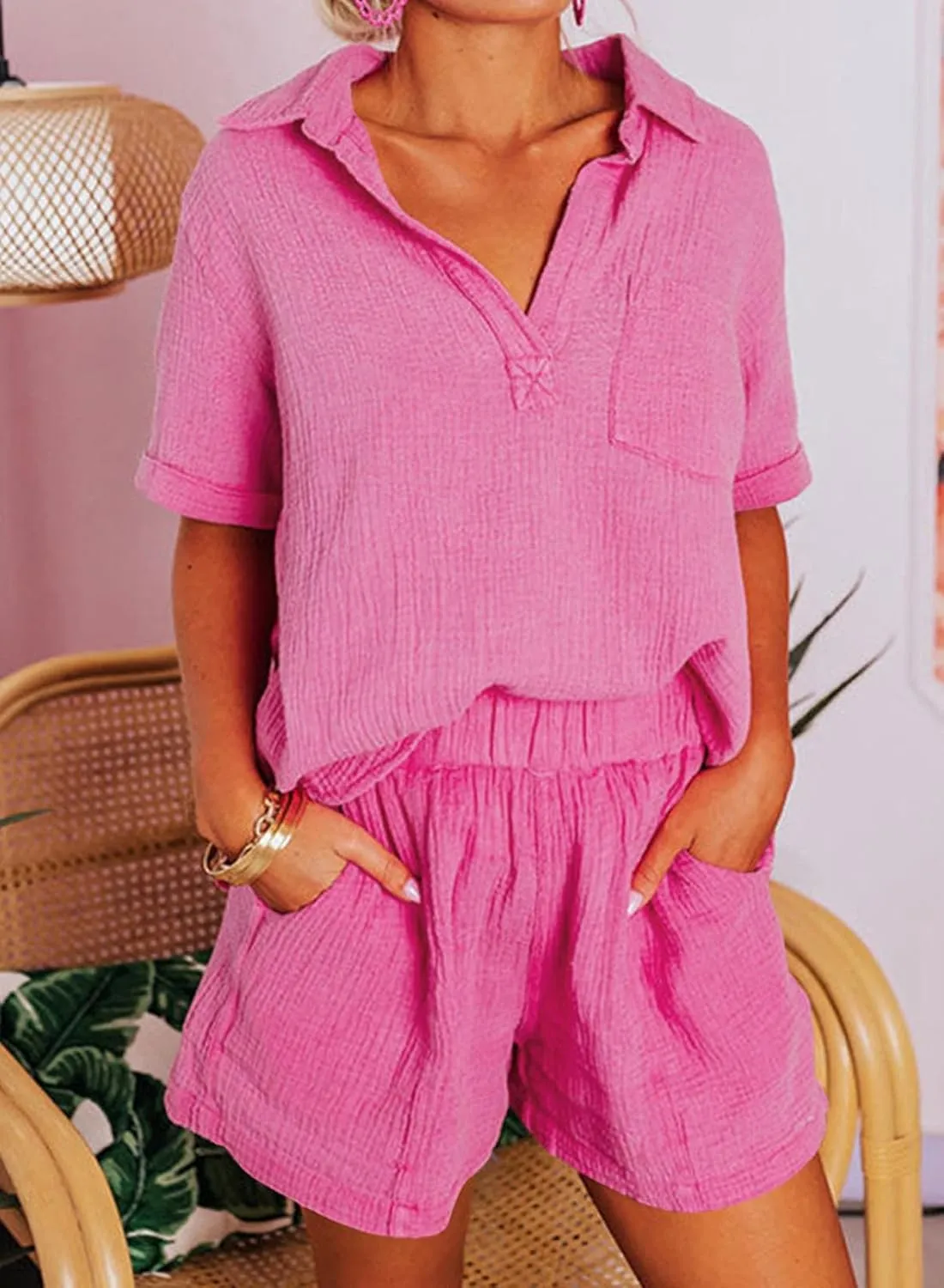 Dokotoo Women's Two Piece Outfits V Neck Short Sleeve Shirts and High Waist Shorts Lounge Sets
