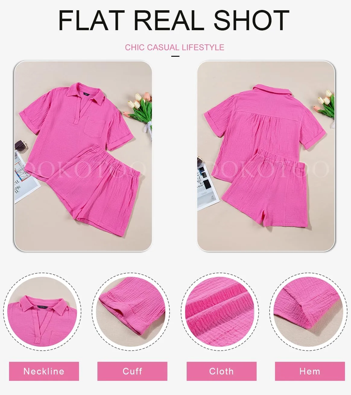 Dokotoo Women's Two Piece Outfits V Neck Short Sleeve Shirts and High Waist Shorts Lounge Sets