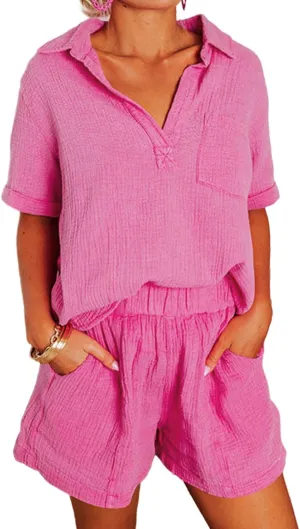 Dokotoo Women's Two Piece Outfits V Neck Short Sleeve Shirts and High Waist Shorts Lounge Sets