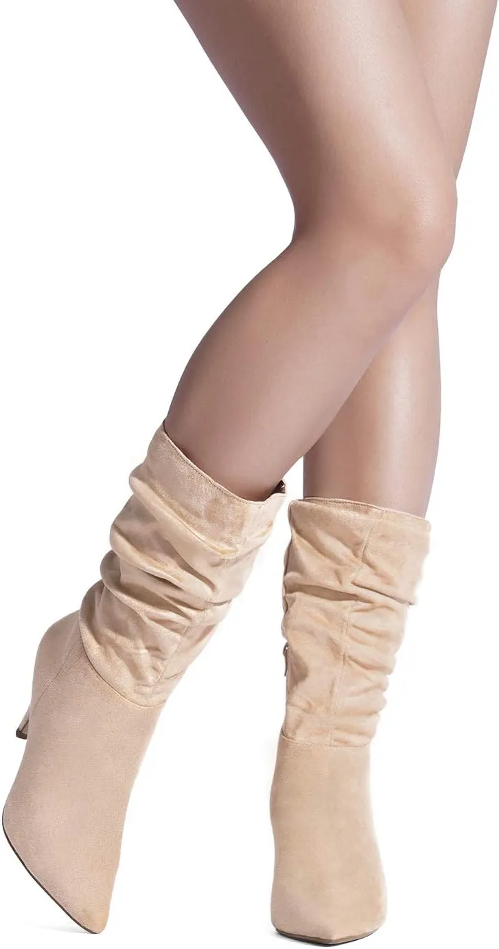 DREAM PAIRS Women's High Heel Mid Calf Boots Slouchy Pointed Toe Fall Boots