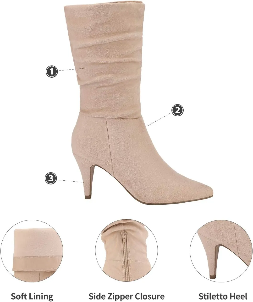 DREAM PAIRS Women's High Heel Mid Calf Boots Slouchy Pointed Toe Fall Boots