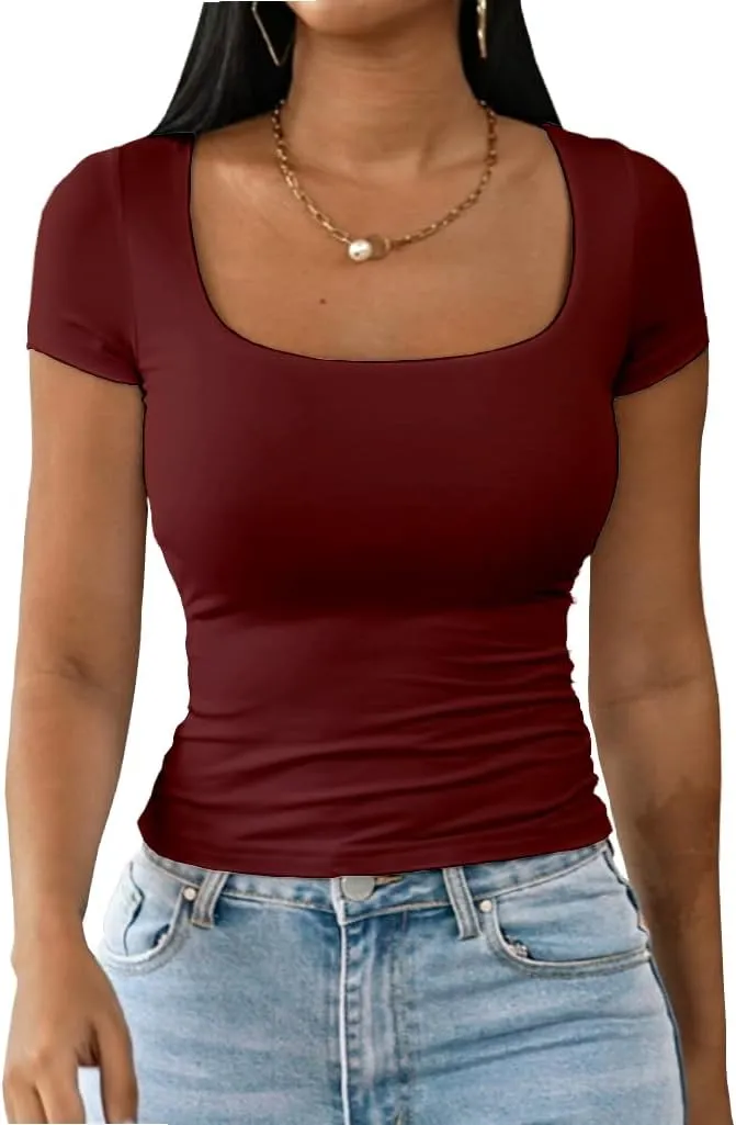 Dwnval Womens Sexy Short Sleeve Square Neck Tops Double Lined Basic Slim Fit Crop T Shirt 2025 Summer