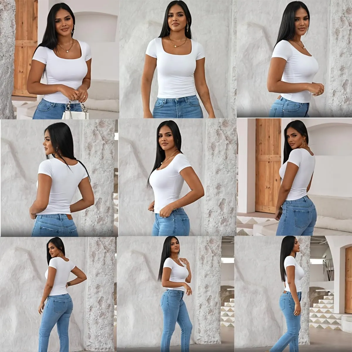 Dwnval Womens Sexy Short Sleeve Square Neck Tops Double Lined Basic Slim Fit Crop T Shirt 2025 Summer