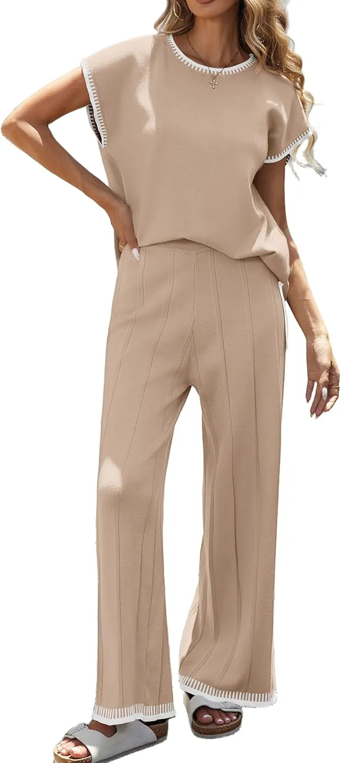 Ekouaer 2 Pieces Outfits for Women Tracksuit Pullover Top and Wide Leg Pants Knit Matching Set Loungewear