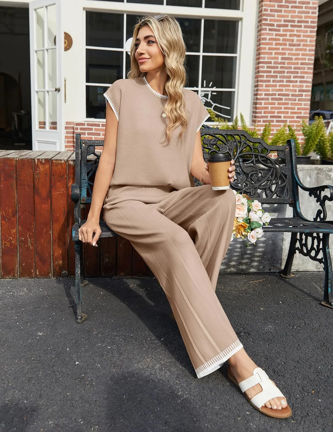 Ekouaer 2 Pieces Outfits for Women Tracksuit Pullover Top and Wide Leg Pants Knit Matching Set Loungewear