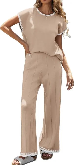 Ekouaer 2 Pieces Outfits for Women Tracksuit Pullover Top and Wide Leg Pants Knit Matching Set Loungewear
