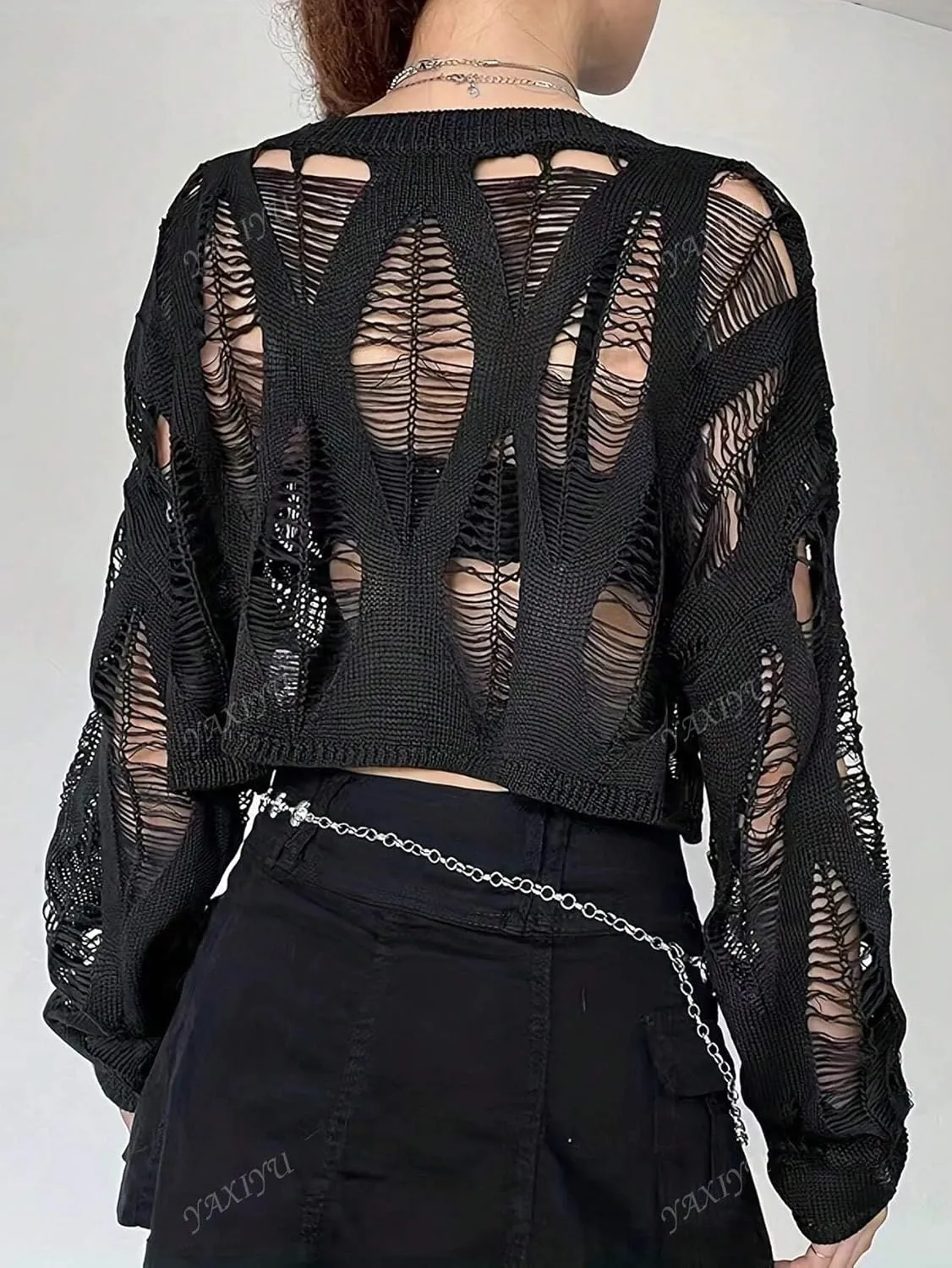 Fairycore Distressed Cropped Knit Sweater Long Sleeve Pullover for Women Casual Fall Streetwear Layering Top Grunge