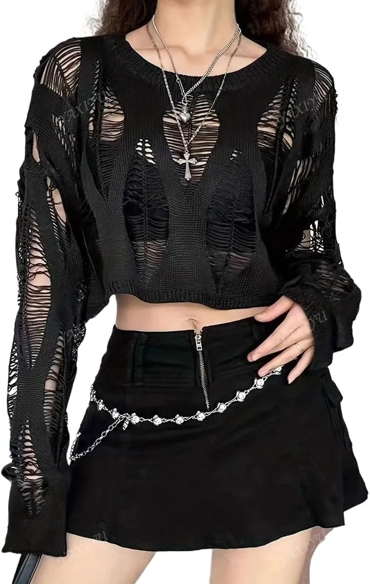 Fairycore Distressed Cropped Knit Sweater Long Sleeve Pullover for Women Casual Fall Streetwear Layering Top Grunge