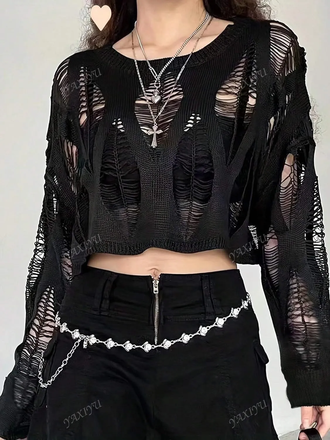 Fairycore Distressed Cropped Knit Sweater Long Sleeve Pullover for Women Casual Fall Streetwear Layering Top Grunge