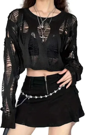 Fairycore Distressed Cropped Knit Sweater Long Sleeve Pullover for Women Casual Fall Streetwear Layering Top Grunge