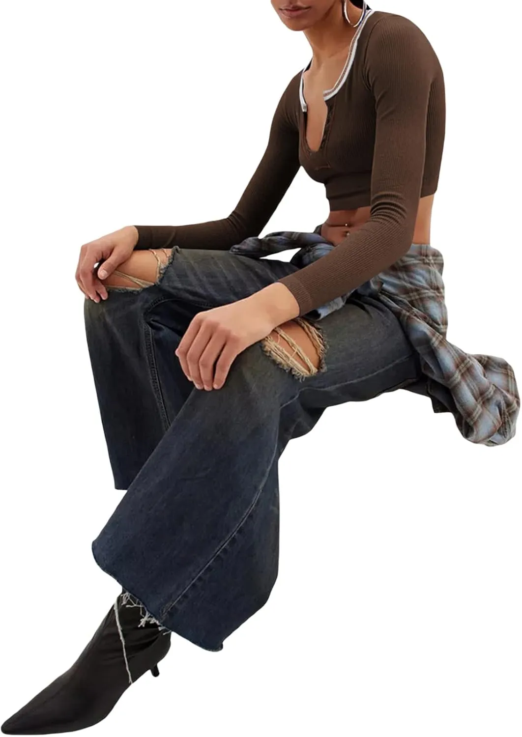 Fanvereka Y2K Women Retro V-Neck Long Sleeve Ribbed Shirt Fall Winter Urban Going Out Crop Top for Teen Young Girl Streetwear