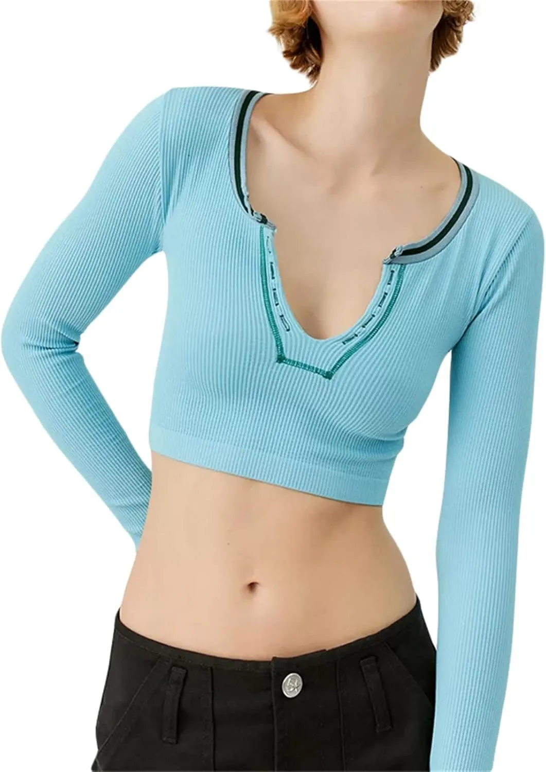 Fanvereka Y2K Women Retro V-Neck Long Sleeve Ribbed Shirt Fall Winter Urban Going Out Crop Top for Teen Young Girl Streetwear