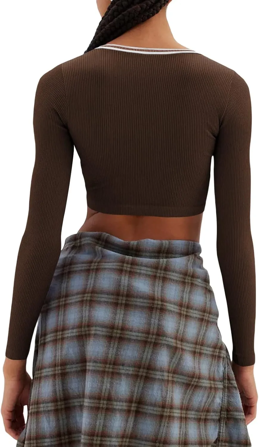 Fanvereka Y2K Women Retro V-Neck Long Sleeve Ribbed Shirt Fall Winter Urban Going Out Crop Top for Teen Young Girl Streetwear