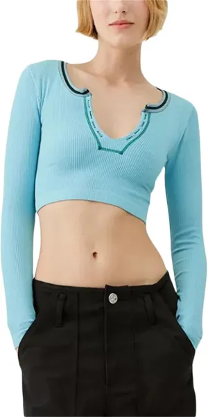 Fanvereka Y2K Women Retro V-Neck Long Sleeve Ribbed Shirt Fall Winter Urban Going Out Crop Top for Teen Young Girl Streetwear