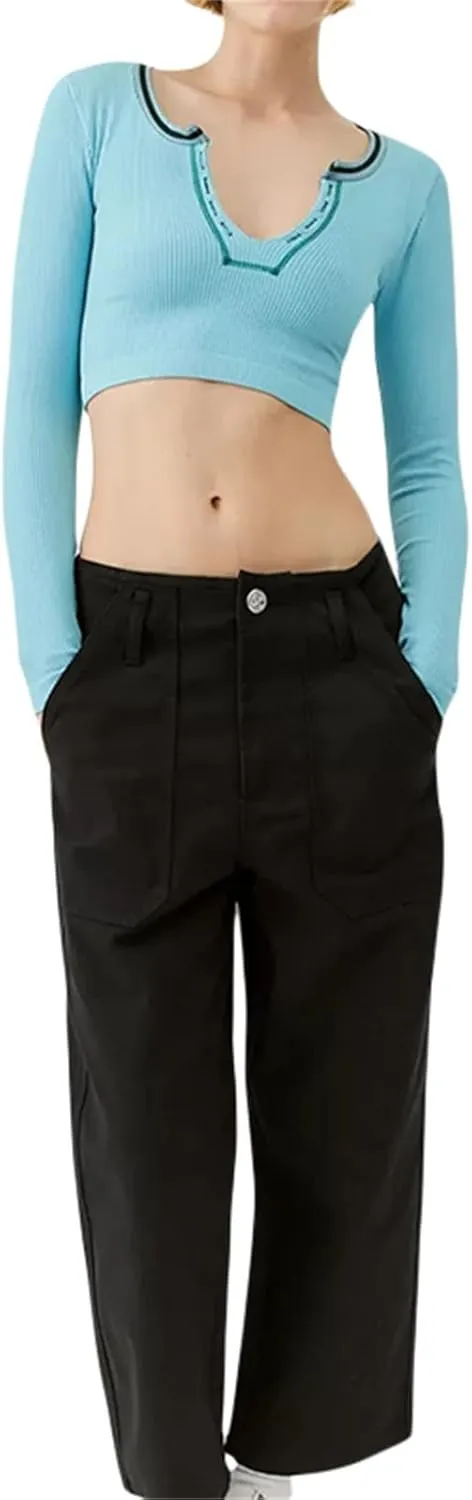 Fanvereka Y2K Women Retro V-Neck Long Sleeve Ribbed Shirt Fall Winter Urban Going Out Crop Top for Teen Young Girl Streetwear