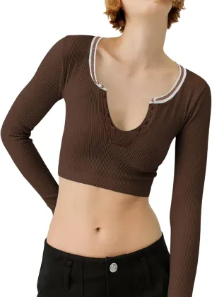 Fanvereka Y2K Women Retro V-Neck Long Sleeve Ribbed Shirt Fall Winter Urban Going Out Crop Top for Teen Young Girl Streetwear
