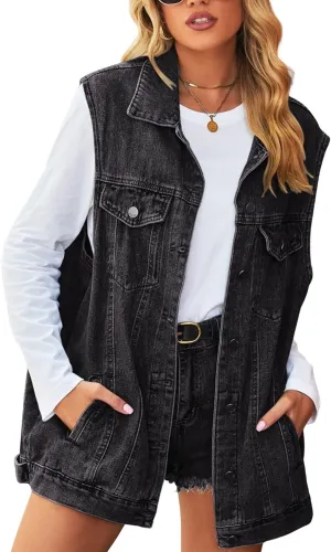 FindThy Women’s Vintage Denim Jean Vest Oversized Button Down Jean Waistcoat Gilet