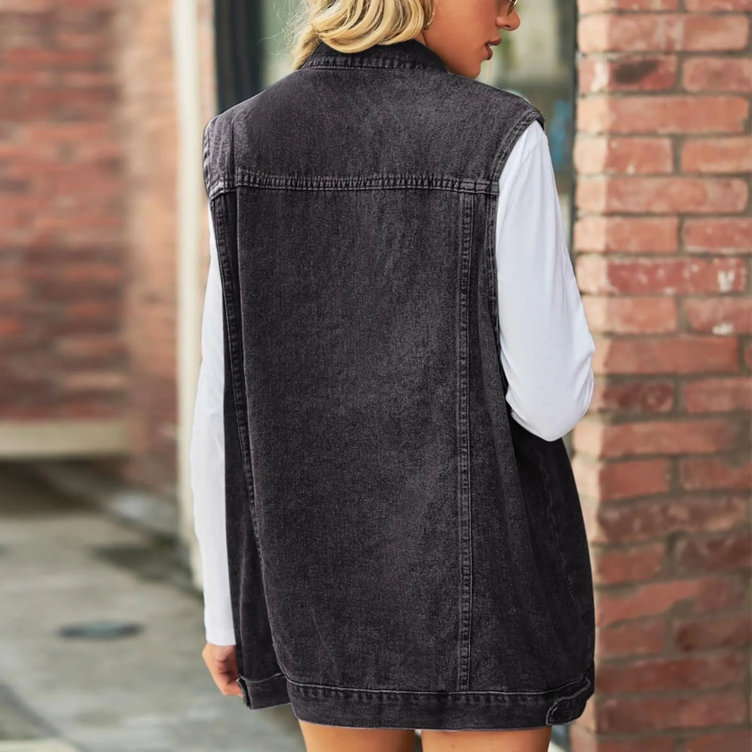 FindThy Women’s Vintage Denim Jean Vest Oversized Button Down Jean Waistcoat Gilet