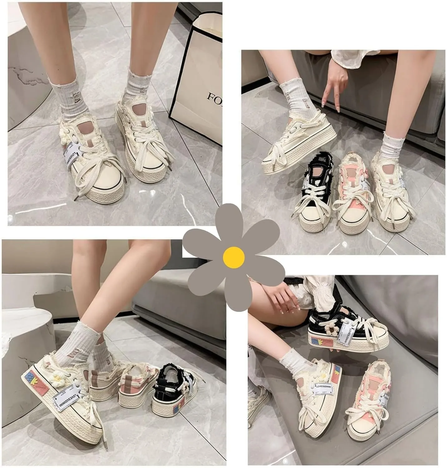 Floral Canvas Platform Shoes - Chunky Sneakers for Women, Aesthetic Platform Shoes, Kawaii Sneakers, Y2k Aesthetics