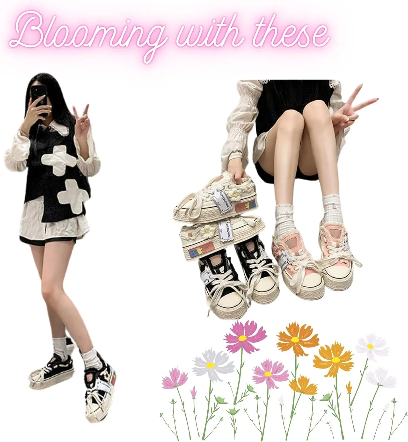 Floral Canvas Platform Shoes - Chunky Sneakers for Women, Aesthetic Platform Shoes, Kawaii Sneakers, Y2k Aesthetics